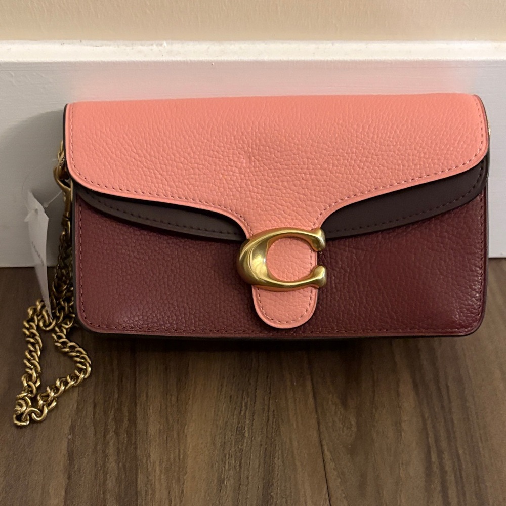 Coach Pink and Brown and Burgundy Leather Clutch with Gold Chain NWT